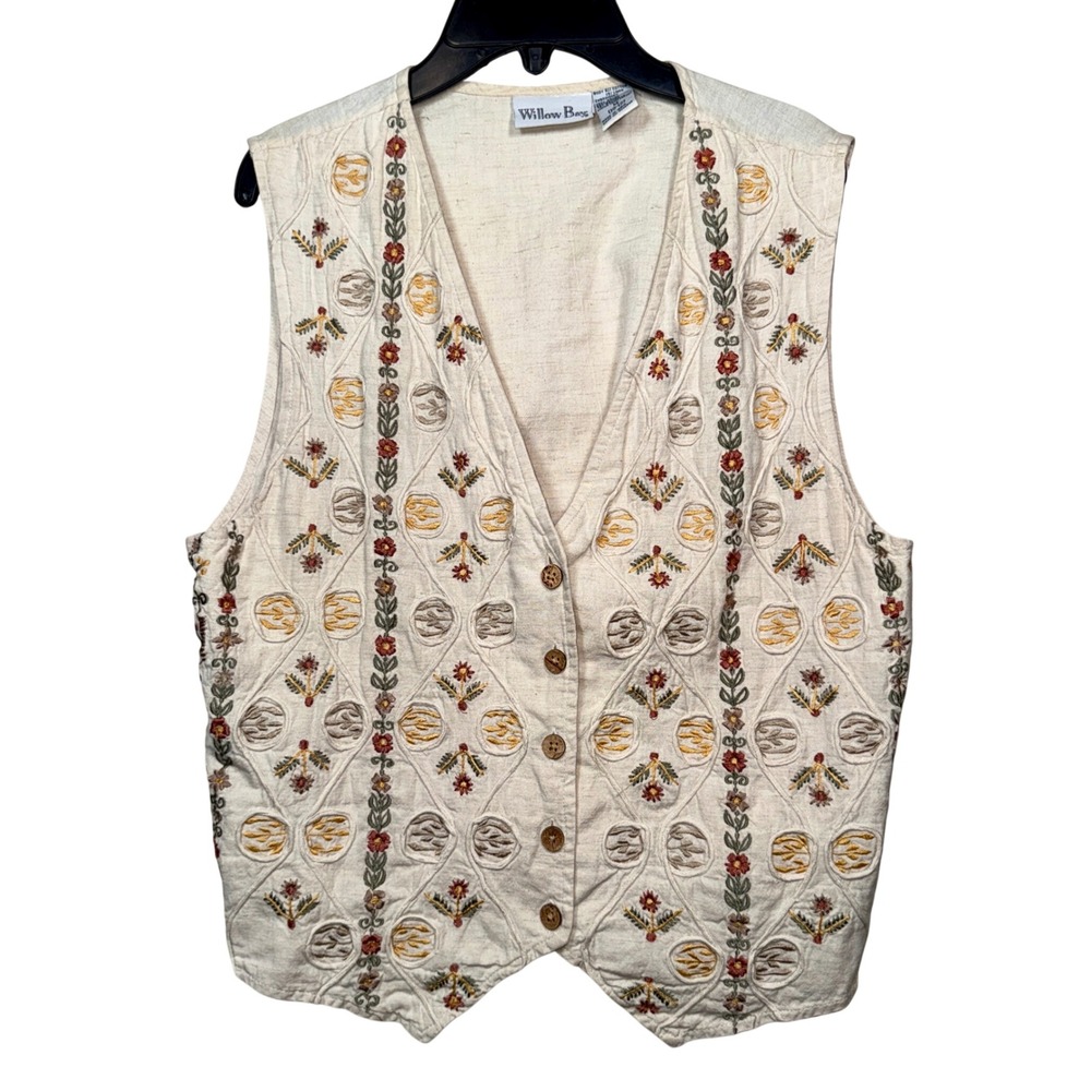 Willow Bay Womens Medium Cream‎ Floral Embroidered Linen Blend Button Front Vest